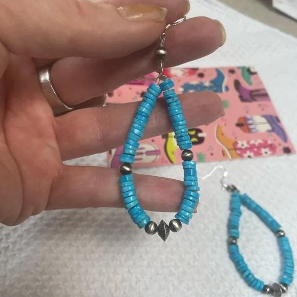 Turquoise Heishi with Sterling Silver Navajo Pearl Beads Earrings - Picture 3 of 6